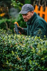 Poster - A man using a trimmer to cut a hedge. Suitable for gardening or landscaping themes