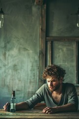 Aufkleber - A man seated at a table with a bottle of beer, suitable for lifestyle and leisure concepts