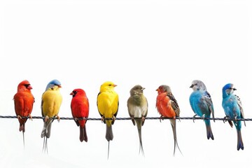 Poster - Group of colorful birds perched on a wire, suitable for various design projects