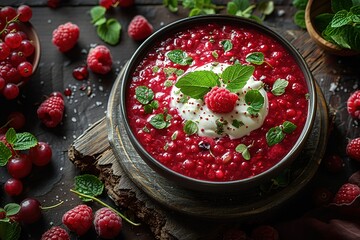 A bowl of red berry borscht with white cream on top
