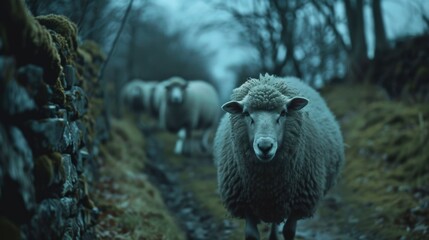 Poster - A herd of sheep walking down a dirt road. Suitable for agriculture and rural themes