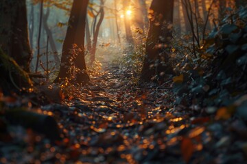 Poster - Sunlight filtering through dense forest canopy, ideal for nature backgrounds