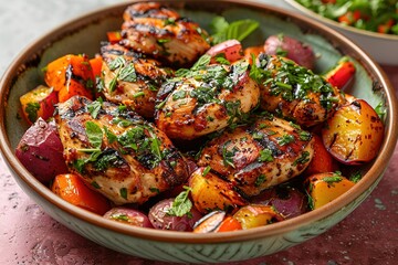 A dish of grilled chicken with mint sauce, colorful vegetables and purple potatoes on the side