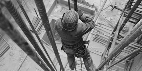Poster - A man working on a building scaffold. Suitable for construction industry concepts
