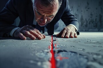 Poster - A man in a suit looking at a red line, suitable for business concepts