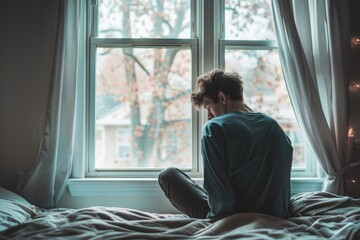 Poster - A person sitting on a bed and looking out a window. Suitable for interior design concepts