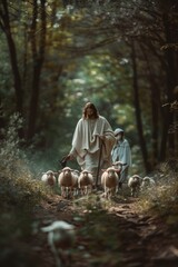 Wall Mural - A man in a white robe walking with a herd of sheep. Suitable for religious, pastoral, or biblical themes