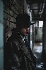 Aufkleber - A man in a hat and coat leaning against a brick wall. Ideal for urban and fashion concepts
