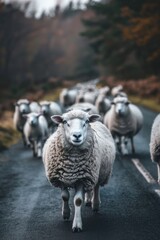 Poster - A group of sheep walking down a road. Suitable for agricultural concepts