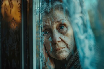 Aufkleber - Elderly woman gazing out window, suitable for lifestyle or retirement concepts