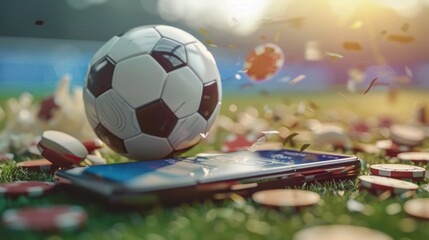 Poster - A soccer ball resting on top of a cell phone. Suitable for sports and technology concepts