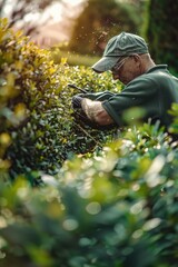 Poster - A man is trimming a hedge with a pair of gloves. Suitable for gardening or landscaping themes