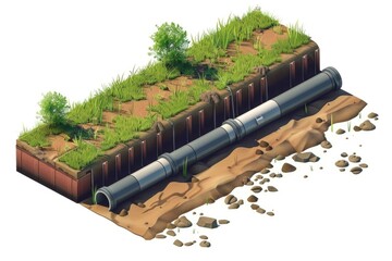 Sticker - A pipe laying on top of a patch of dirt. Suitable for industrial or construction concepts