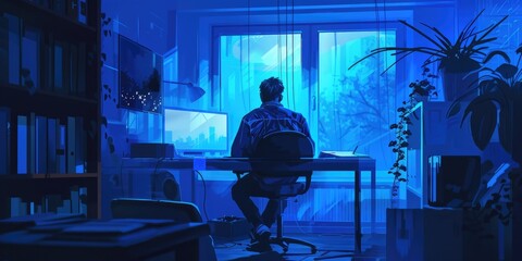 Poster - A man sitting at a desk in front of a window. Suitable for business or work concept