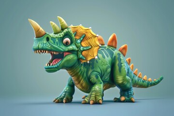 Poster - Colorful toy dinosaur with green and yellow horns. Perfect for educational and children's themed projects
