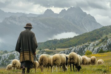 Wall Mural - A man in a hat and coat herding sheep. Suitable for agriculture concept