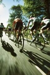 Poster - A group of bicyclists riding down a road. Suitable for sports and outdoor activities