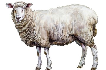 Poster - A white sheep standing on top of a grass covered field. Suitable for nature and farm themes