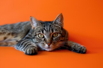 Wall Mural - A cat laying down on an orange surface. Suitable for pet product advertisements