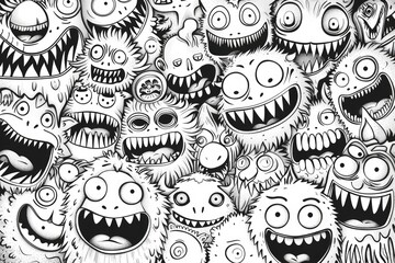 Poster - A black and white drawing of a group of monsters. Ideal for Halloween-themed designs