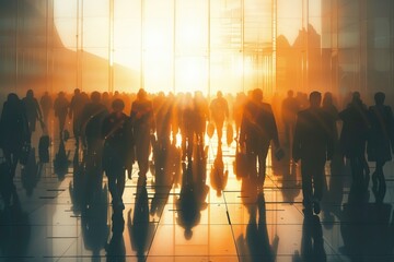 Poster - A large group of people walking through a building. Suitable for business or team building concepts