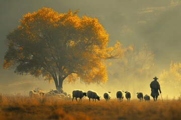 Poster - Herd of sheep standing on top of a grass covered field. Suitable for agricultural and nature themes