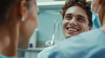 Poster - A man smiles as a woman looks on. Suitable for various concepts