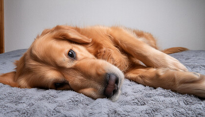 Poster - A cute golden retriever lying on his back on a bed looking at the camera