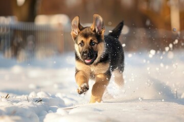 Wall Mural - A dog running through the snow, suitable for winter-themed projects