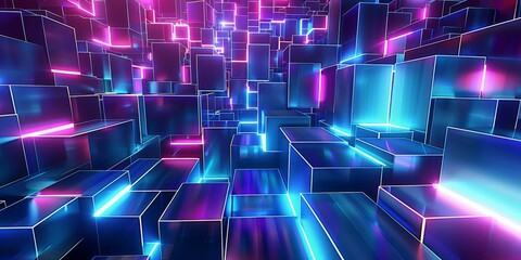 Blue and lilac blocks with neon lines and glowing background futuristic illustration abstract 3d geometric shapes, cyberspace technology concept business web design