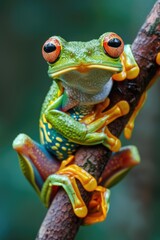 Poster - A frog sitting on top of a tree branch. Perfect for nature-themed designs