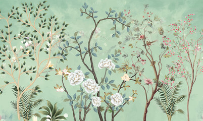 tropical jungle wallpaper bird, banana leaves tropical leaves wallpaper for digital printing. exotic