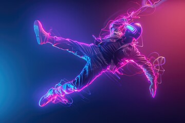 Poster - A man wearing headphones jumping in the air. Ideal for music and lifestyle concepts