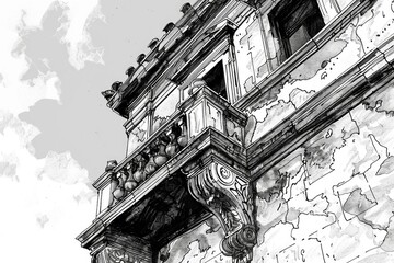 Aufkleber - Detailed black and white illustration of a clock tower. Suitable for historical publications