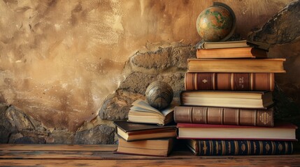 Wall Mural - Vintage books on wooden table - A still life arrangement of stacked vintage books beside a small globe on a rustic wooden table against a textured wall