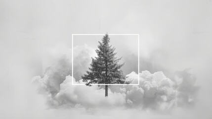 Poster - Silhouetted tree amidst clouds on white - A stunning visual of a tree silhouetted against a bright background with clouds, incorporated into a minimalistic design