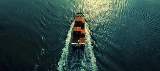 Wall Mural - Aerial view of a cargo ship with containers sailing in the sea, creating waves and leaving trails behind it, depicting the global business logistics transportation concept