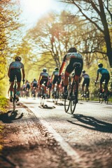 Poster - Group of bicyclists riding down a scenic road, perfect for outdoor and sports themed projects