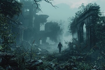Aufkleber - A man walking through a foggy forest, suitable for nature and outdoor themes