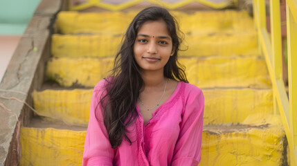 Wall Mural - A woman in a pink shirt is sitting on a yellow staircase