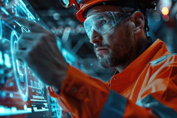 Aufkleber - A man in safety gear operating a machine. Suitable for industrial concepts
