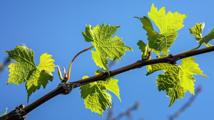 A branch with green leaves is shown in the sunlight