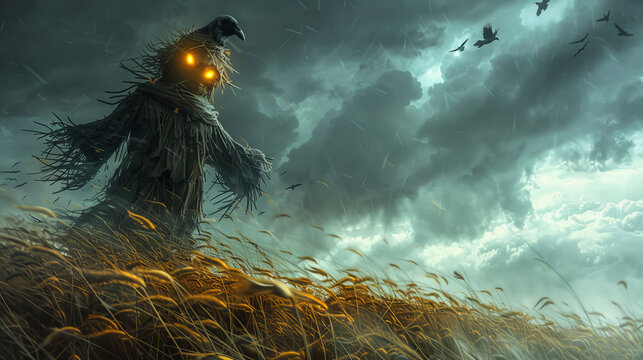 A creepy scarecrow stands in a field of tall grass