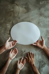 Poster - Group of people holding hands over a white plate, suitable for teamwork concepts