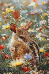 Wall Mural - A small animal sitting in a field of flowers. Suitable for nature-themed designs