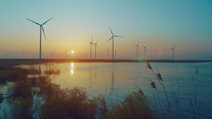 Aufkleber - A beautiful sunset over a tranquil lake with wind turbines in the background. Suitable for environmental and renewable energy concepts