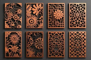 Poster - Set of six wooden panels with intricate floral designs, perfect for interior decor projects