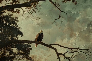 Poster - Majestic bald eagle perched on a tree branch. Ideal for wildlife and nature themes