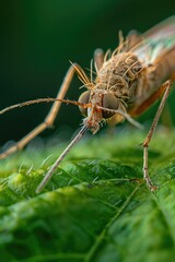 Aufkleber - Detailed close up of a mosquito on a green leaf. Suitable for nature and pest control concepts