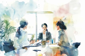 Poster - businesswoman discussing with team in office collaboration concept watercolor illustration